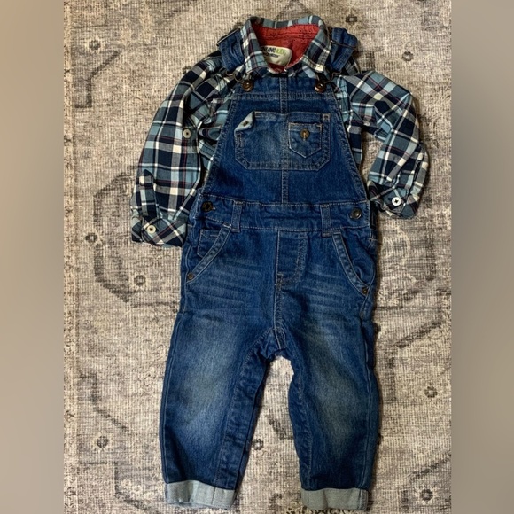 OshKosh B'gosh Other - Vintage Genuine Kids From Oshkosh Plaid Print Shirt & Denim Overalls